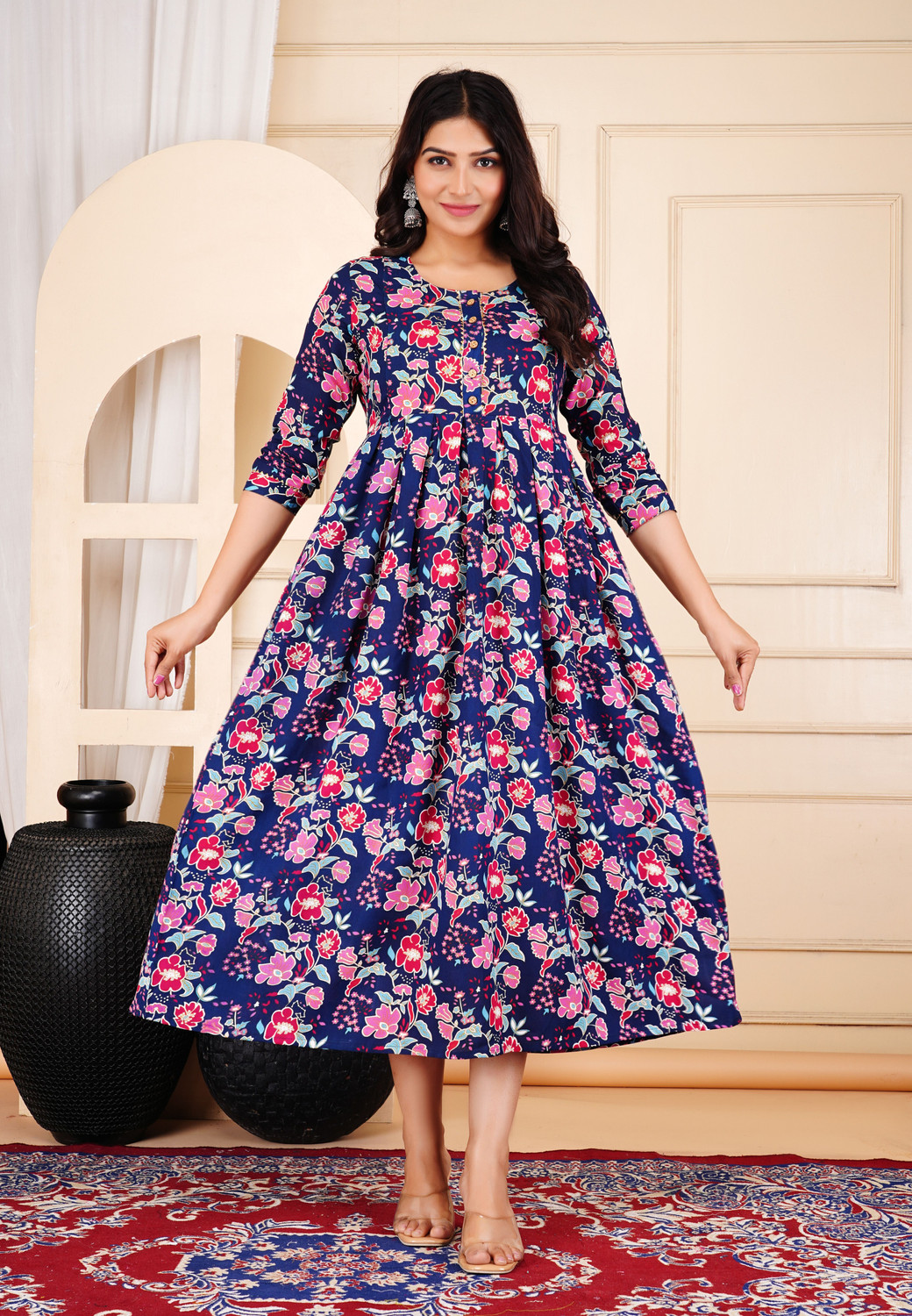 Image of PIROKI Printed Pure Cotton Anarkali Kurta for Women (Blue)