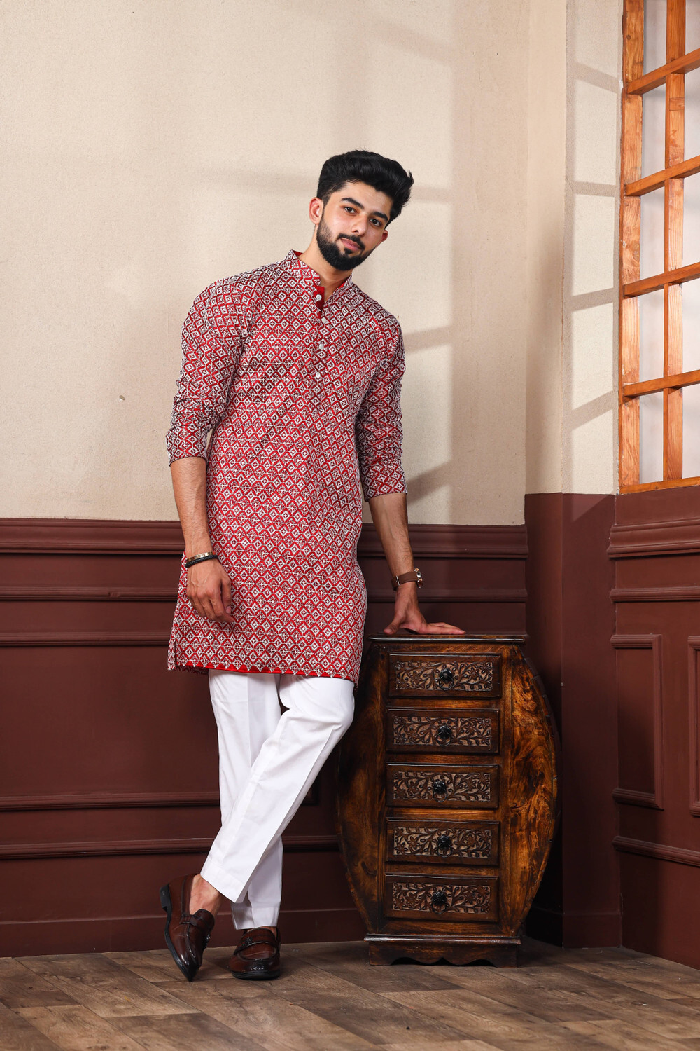 Image of click n buy Embroidered Cotton Blend A-line Kurta for Men (Multicolor)