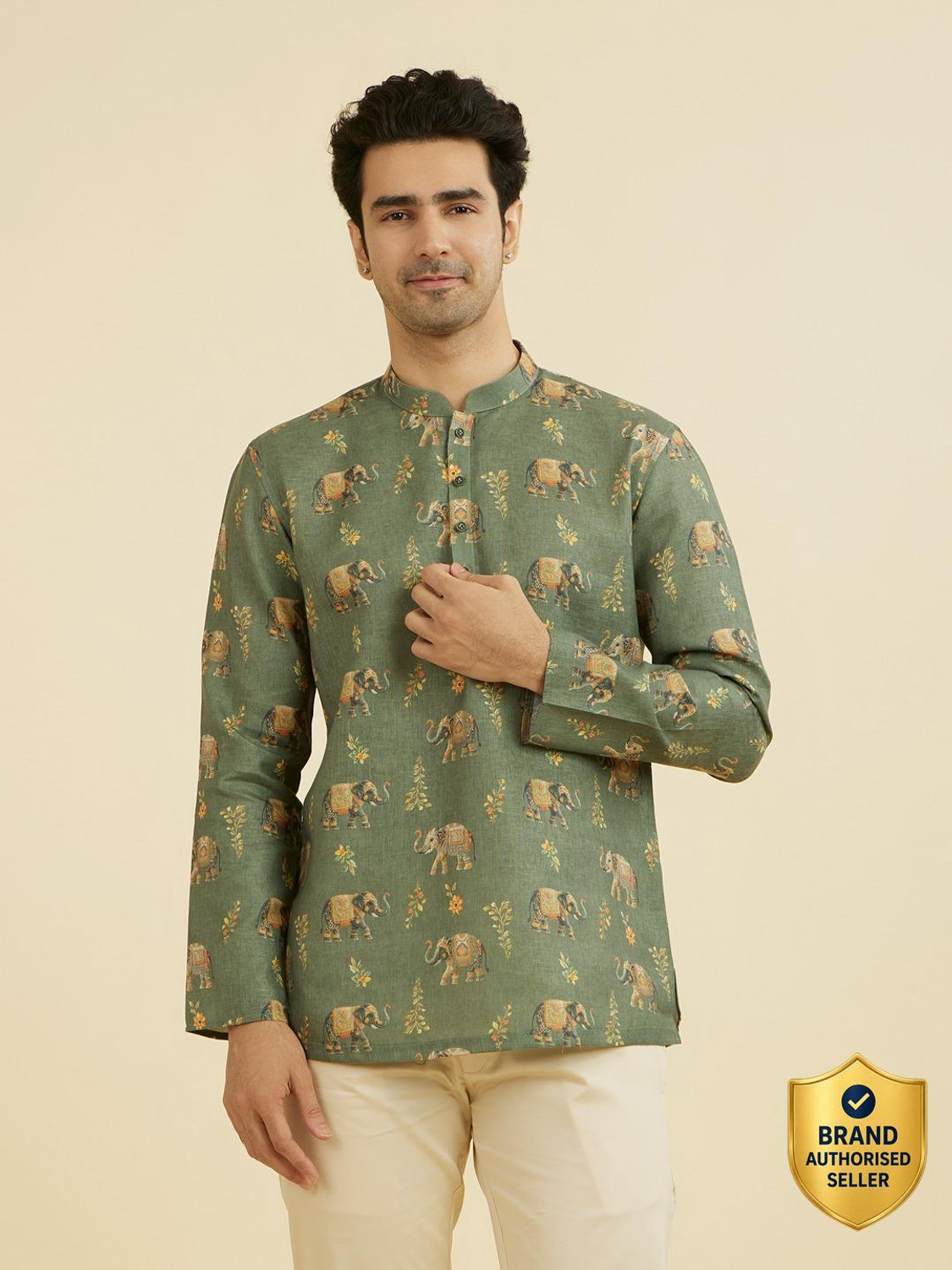 Image of MANYAVAR Printed Cotton Blend Straight Kurta for Men (Beige)