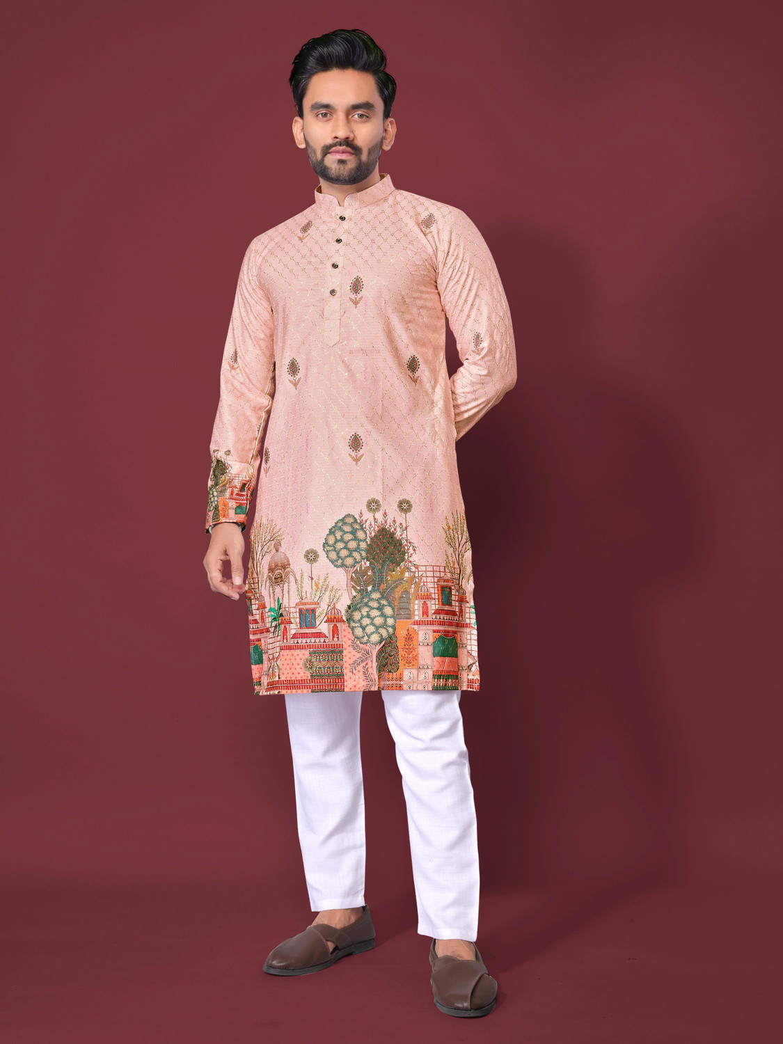 Image of aradhna emporium Printed, Floral Print Pure Cotton Straight Kurta for Men (Yellow)