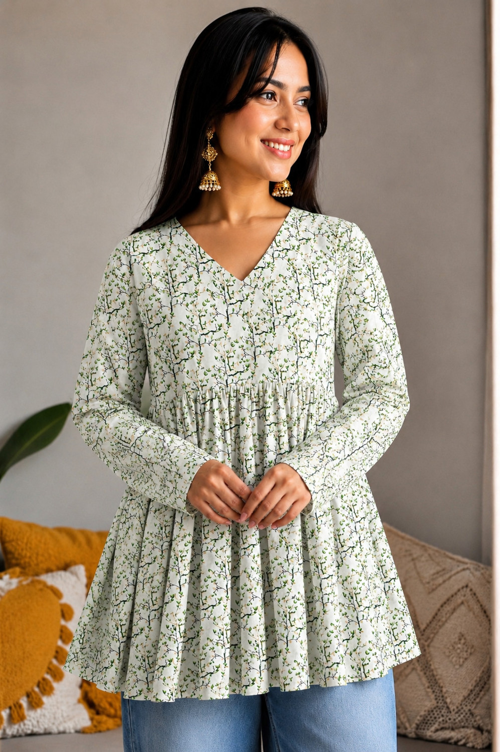 Image of HINGLAJRAJ Floral Print Pure Cotton Flared Kurta for Women (White)