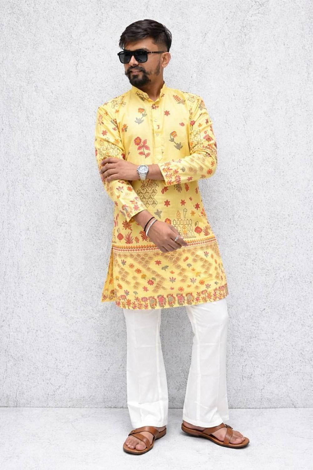 Image of aradhna emporium Printed, Floral Print Pure Cotton Straight Kurta for Men (Yellow)