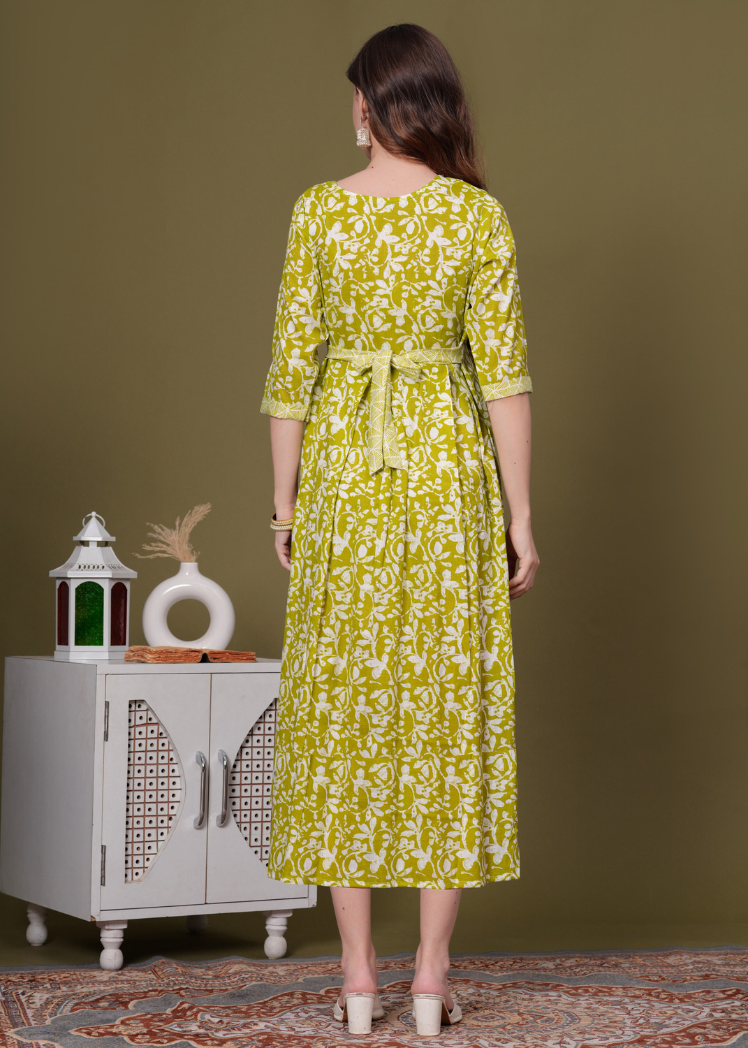 Image of sky fab Printed Viscose Rayon Flared Kurta for Women With Attached Dupatta (Light Green)