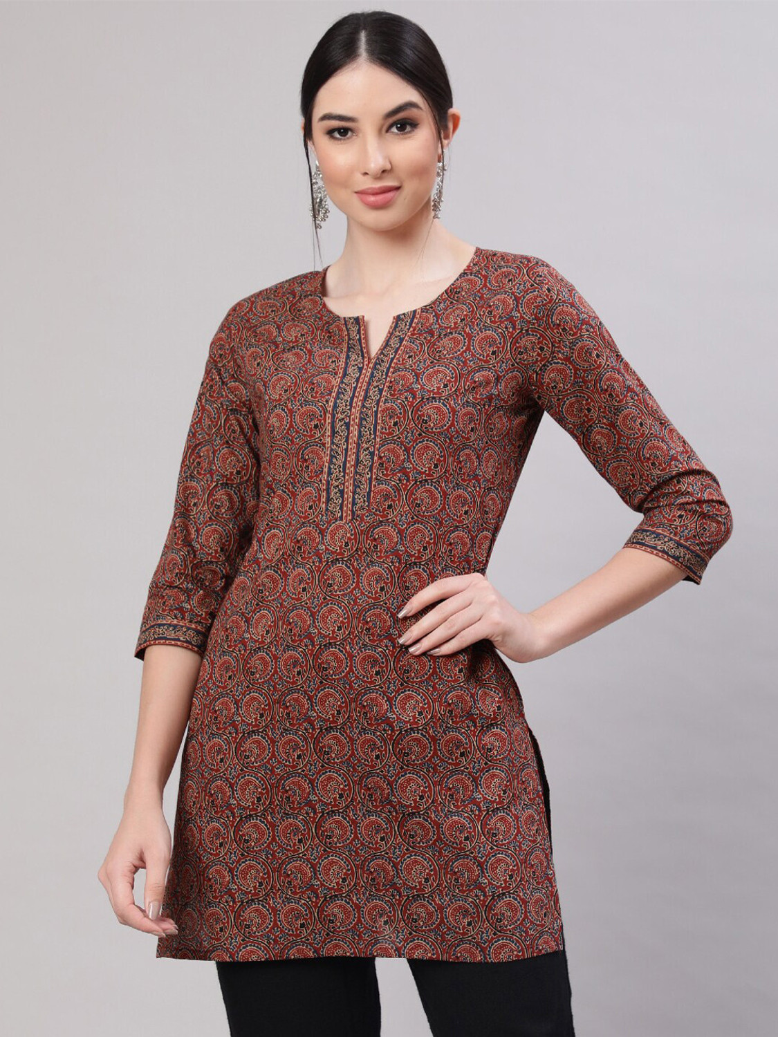 Image of Fyunl Floral Print Viscose Rayon Straight Kurta for Women (Beige, Dark Green)