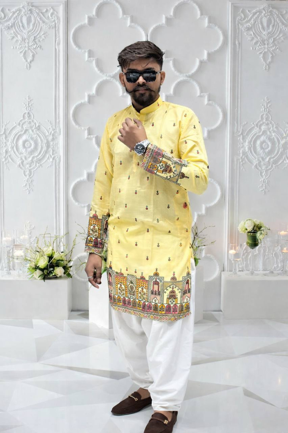 Image of aradhna emporium Printed, Floral Print Pure Cotton Straight Kurta for Men (Yellow)