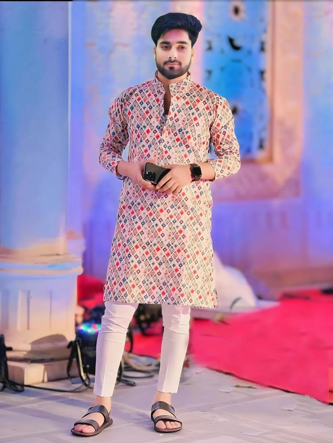 Image of click n buy Embroidered Cotton Blend A-line Kurta for Men (Multicolor)