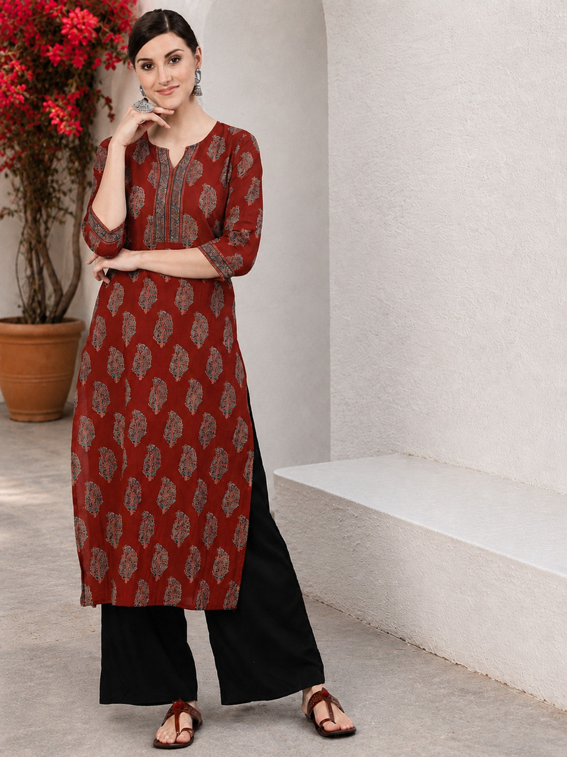 Image of Fyunl Floral Print Viscose Rayon Straight Kurta for Women (Beige, Dark Green)