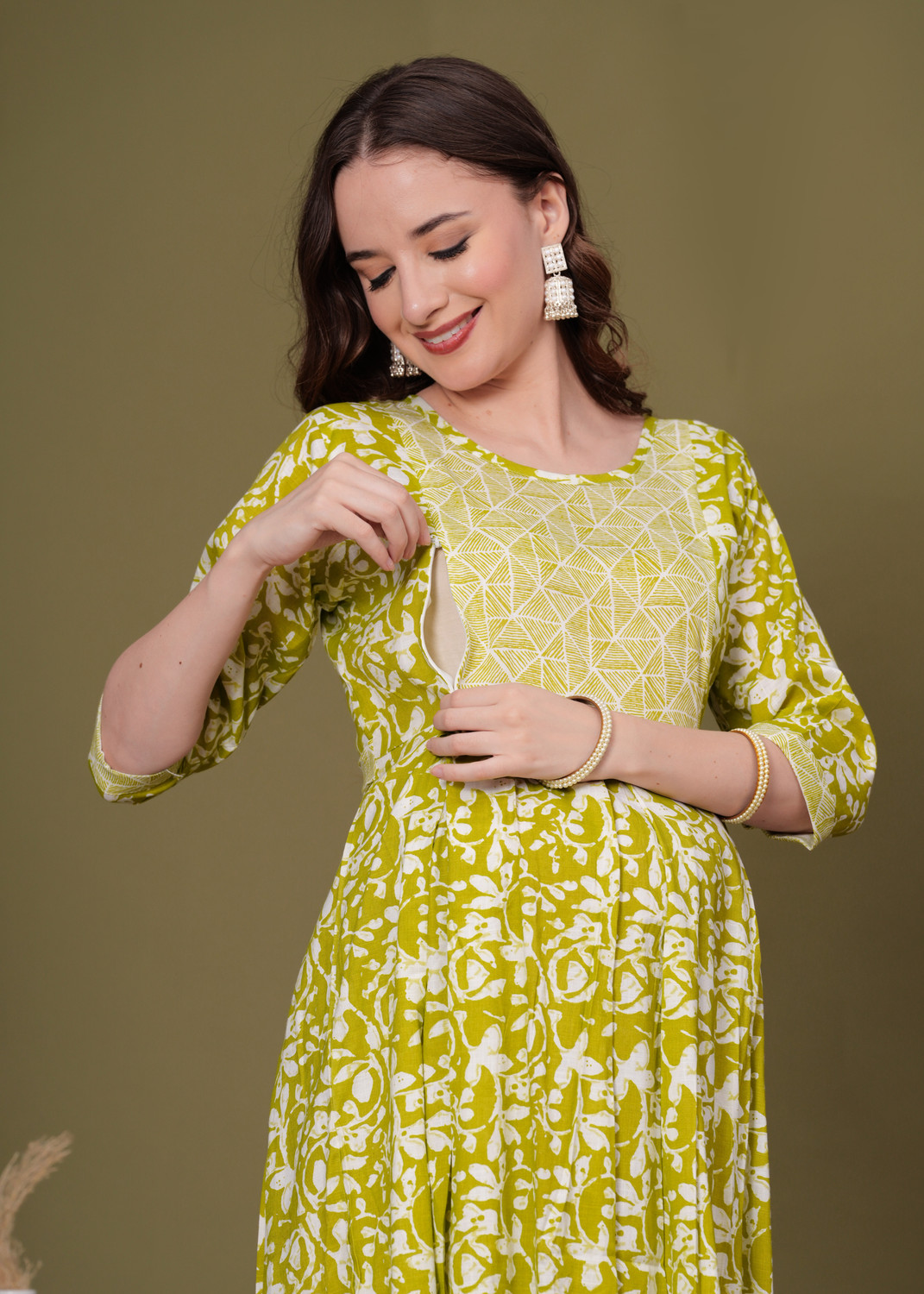 Image of sky fab Printed Viscose Rayon Flared Kurta for Women With Attached Dupatta (Light Green)