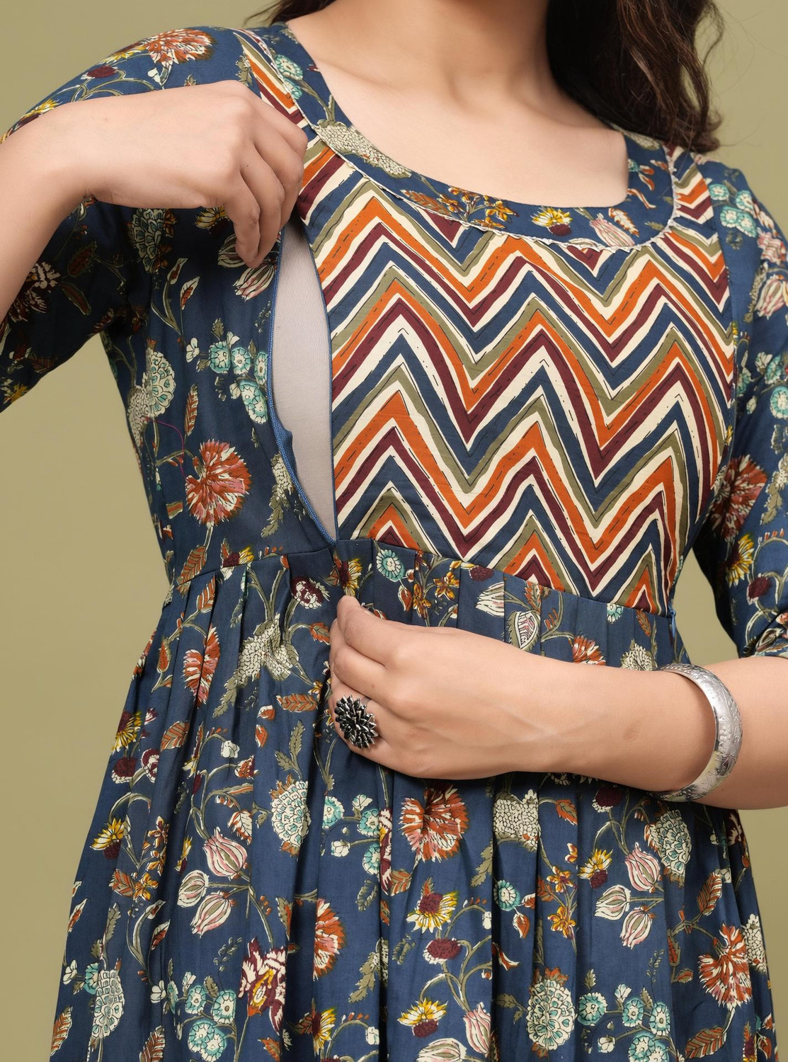 Image of PIROKI Printed Pure Cotton Anarkali Kurta for Women (Blue)