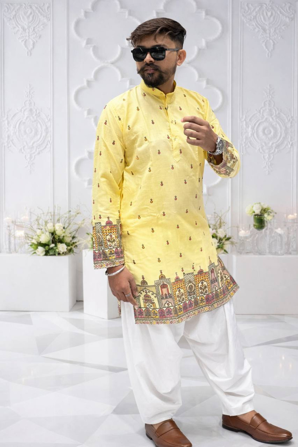 Image of aradhna emporium Printed, Floral Print Pure Cotton Straight Kurta for Men (Yellow)