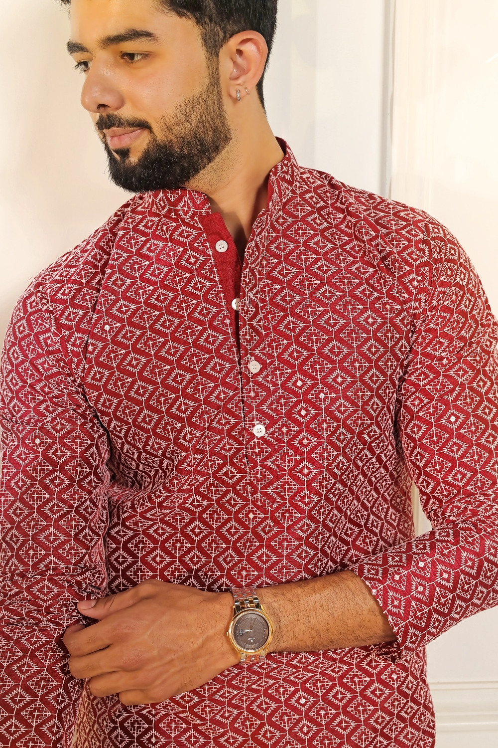 Image of click n buy Embroidered Cotton Blend A-line Kurta for Men (Multicolor)