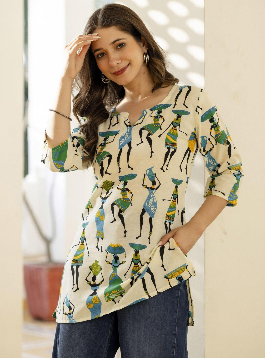 Image of HINGLAJRAJ Floral Print Pure Cotton Flared Kurta for Women (White)