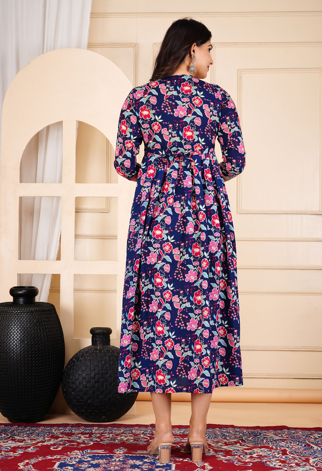 Image of PIROKI Printed Pure Cotton Anarkali Kurta for Women (Blue)