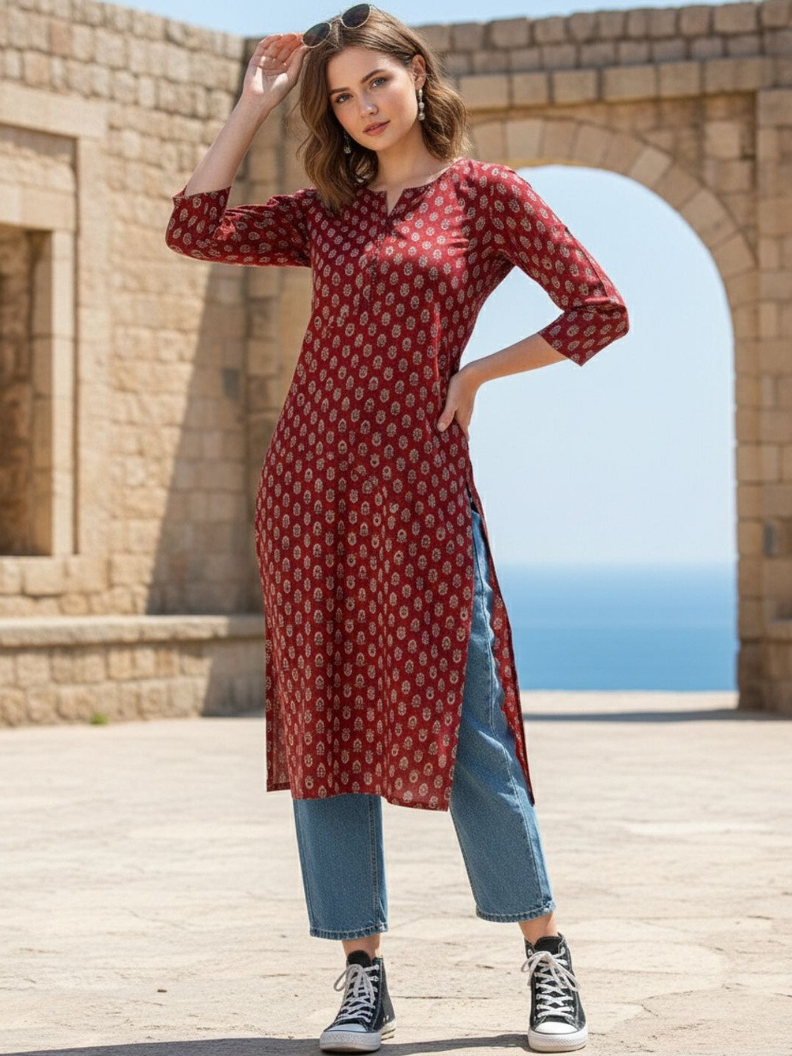 Image of Fyunl Floral Print Viscose Rayon Straight Kurta for Women (Beige, Dark Green)