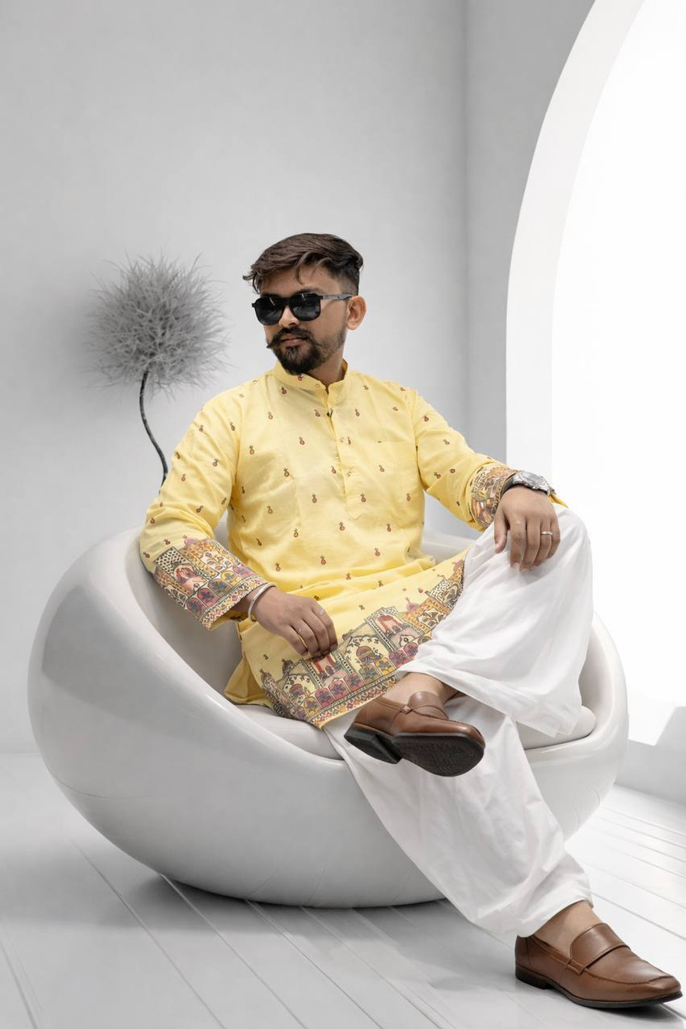 Image of aradhna emporium Printed, Floral Print Pure Cotton Straight Kurta for Men (Yellow)