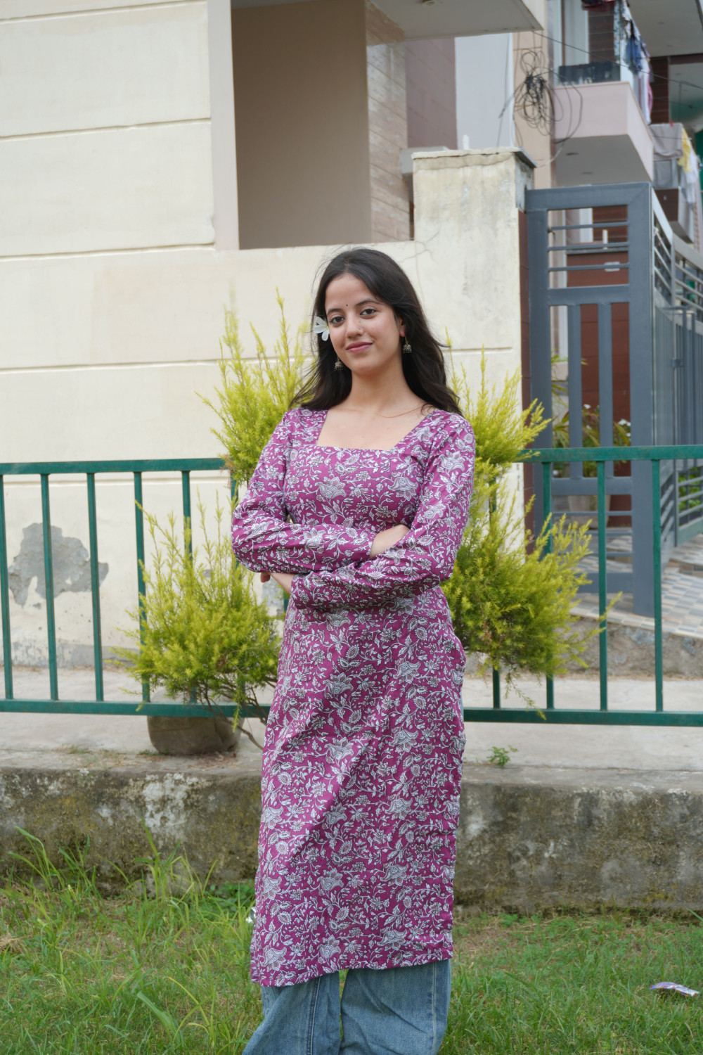 Image of MUSKARAA Printed Pure Cotton A-line Kurta for Women (Purple)