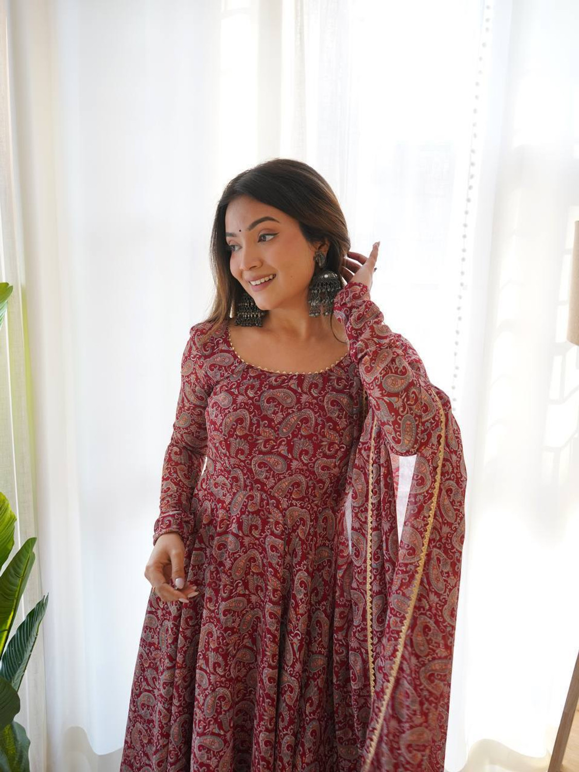 Image of SHISHKALA Polka Print Georgette Stitched Flared /A-line Gown (Blue)