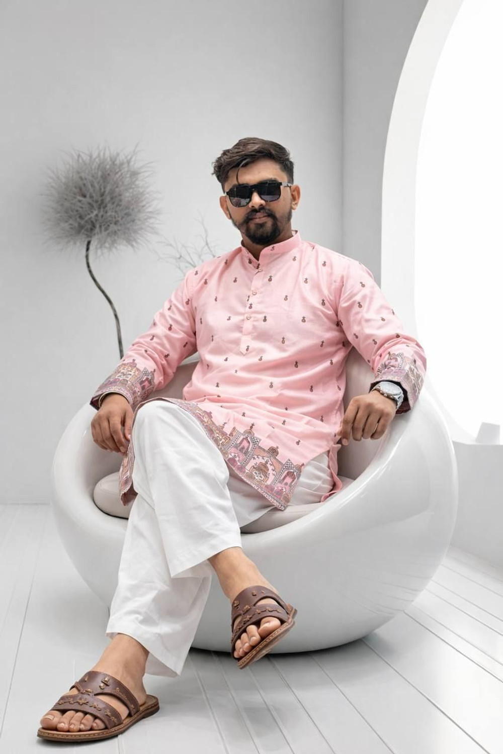 Image of aradhna emporium Printed, Floral Print Pure Cotton Straight Kurta for Men (Yellow)