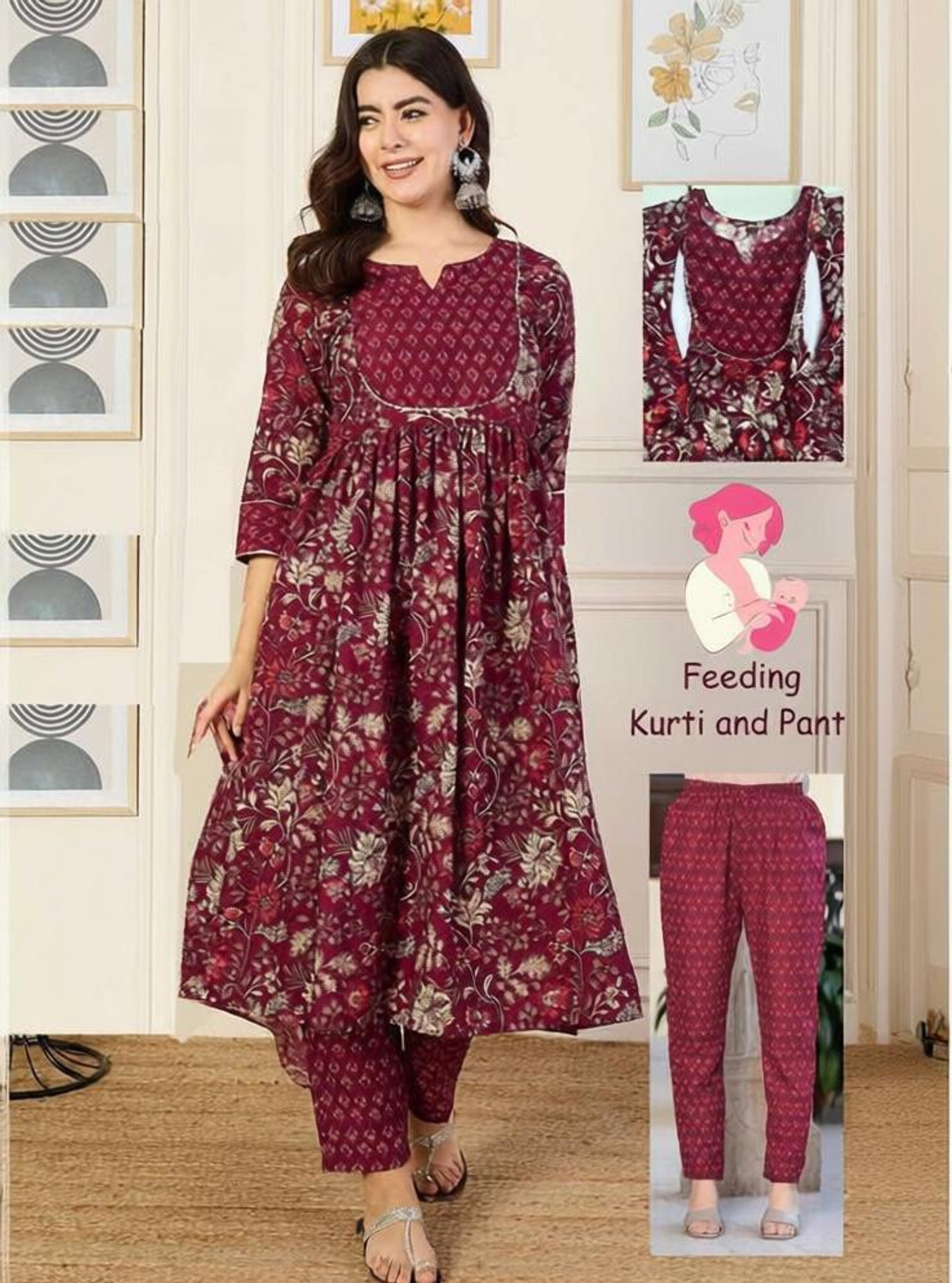 Image of sky fab Printed Viscose Rayon Flared Kurta for Women With Attached Dupatta (Light Green)