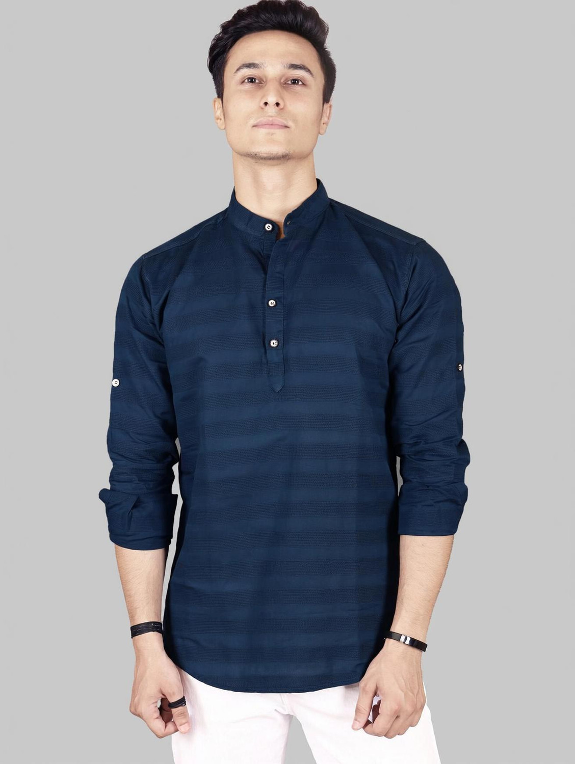 Men Self Design Cotton Blend Straight Kurta  (Dark Blue)