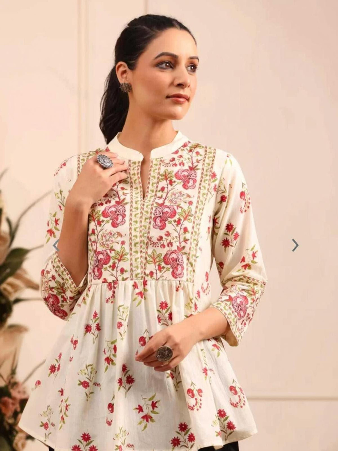 Image of PANCHHIRAJ TEXTILE Floral Print Cotton Blend Straight Kurta for Women (White, Brown)