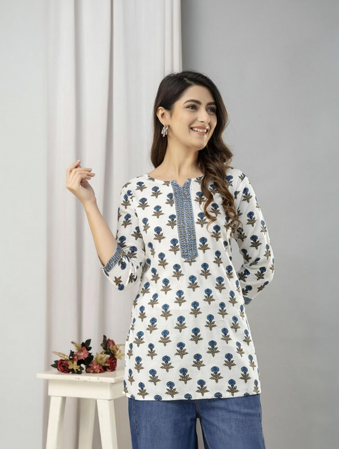 Image of PANCHHIRAJ TEXTILE Floral Print Cotton Blend Straight Kurta for Women (White, Brown)