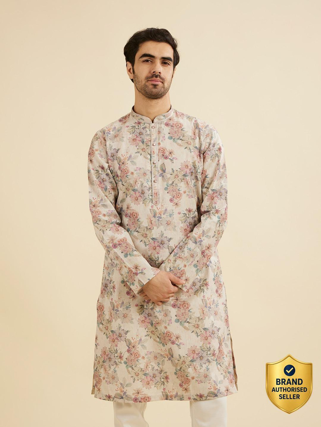 Image of MANYAVAR Printed Cotton Blend Straight Kurta for Men (Beige)