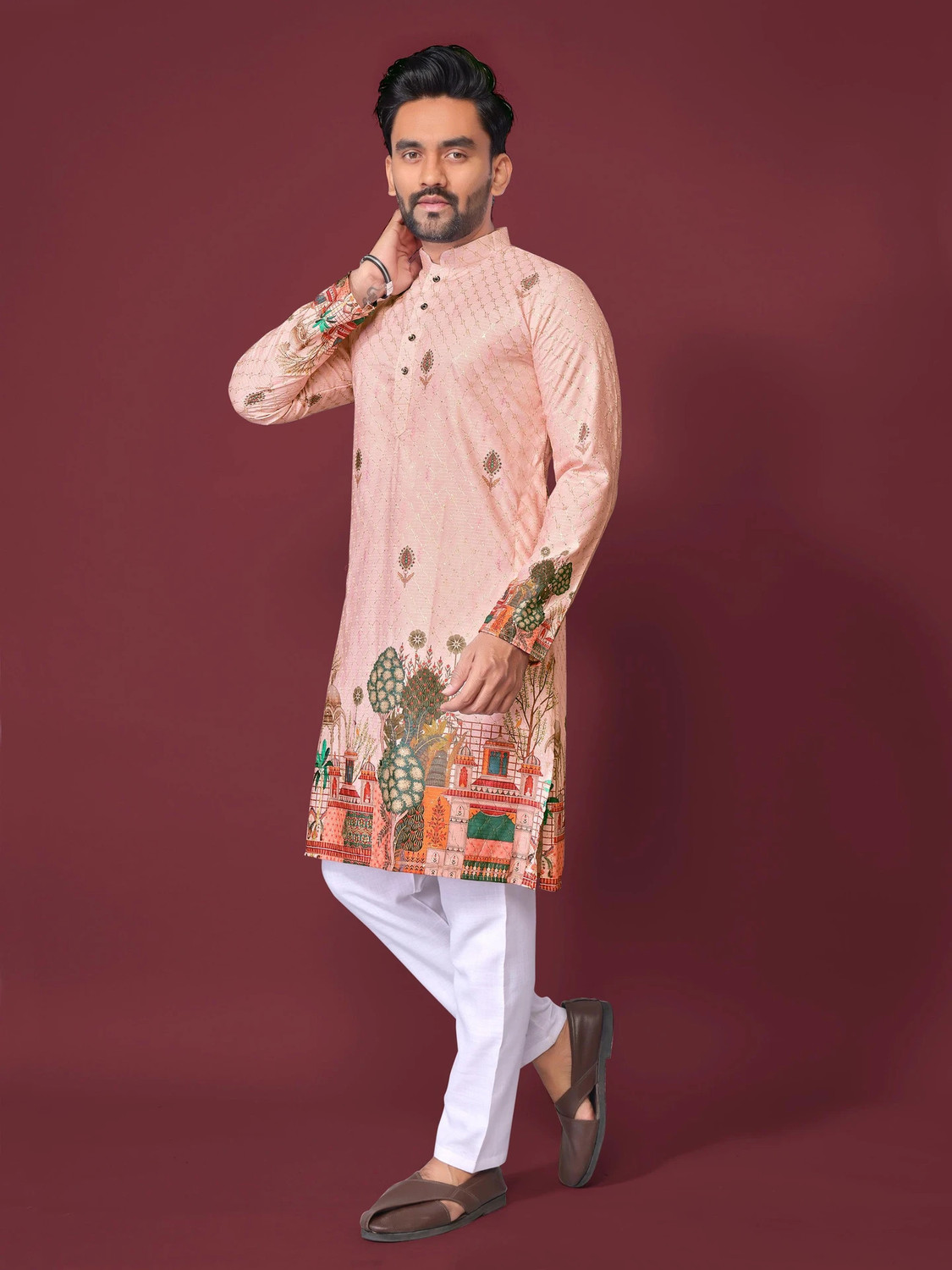 Image of aradhna emporium Printed, Floral Print Pure Cotton Straight Kurta for Men (Yellow)