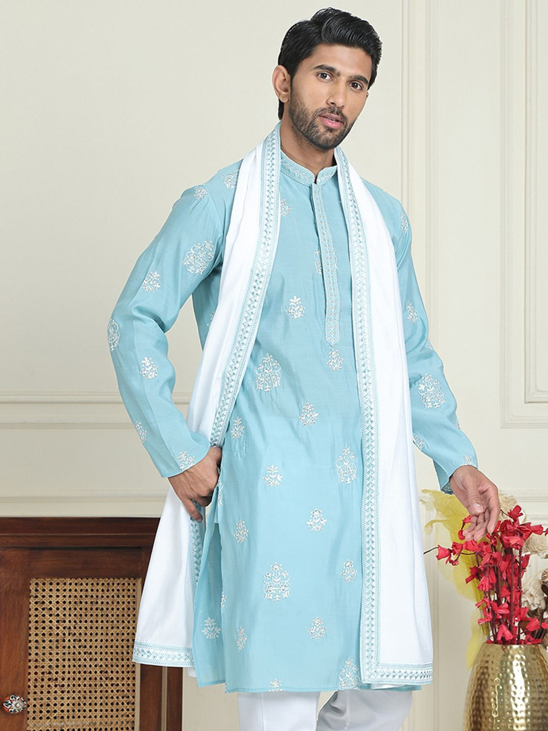 Image of Kisah Printed Viscose Rayon Straight Kurta for Men (Blue)