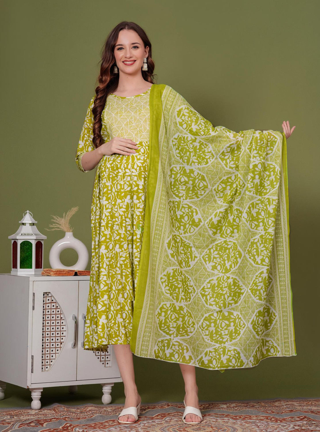 Image of sky fab Printed Viscose Rayon Flared Kurta for Women With Attached Dupatta (Light Green)