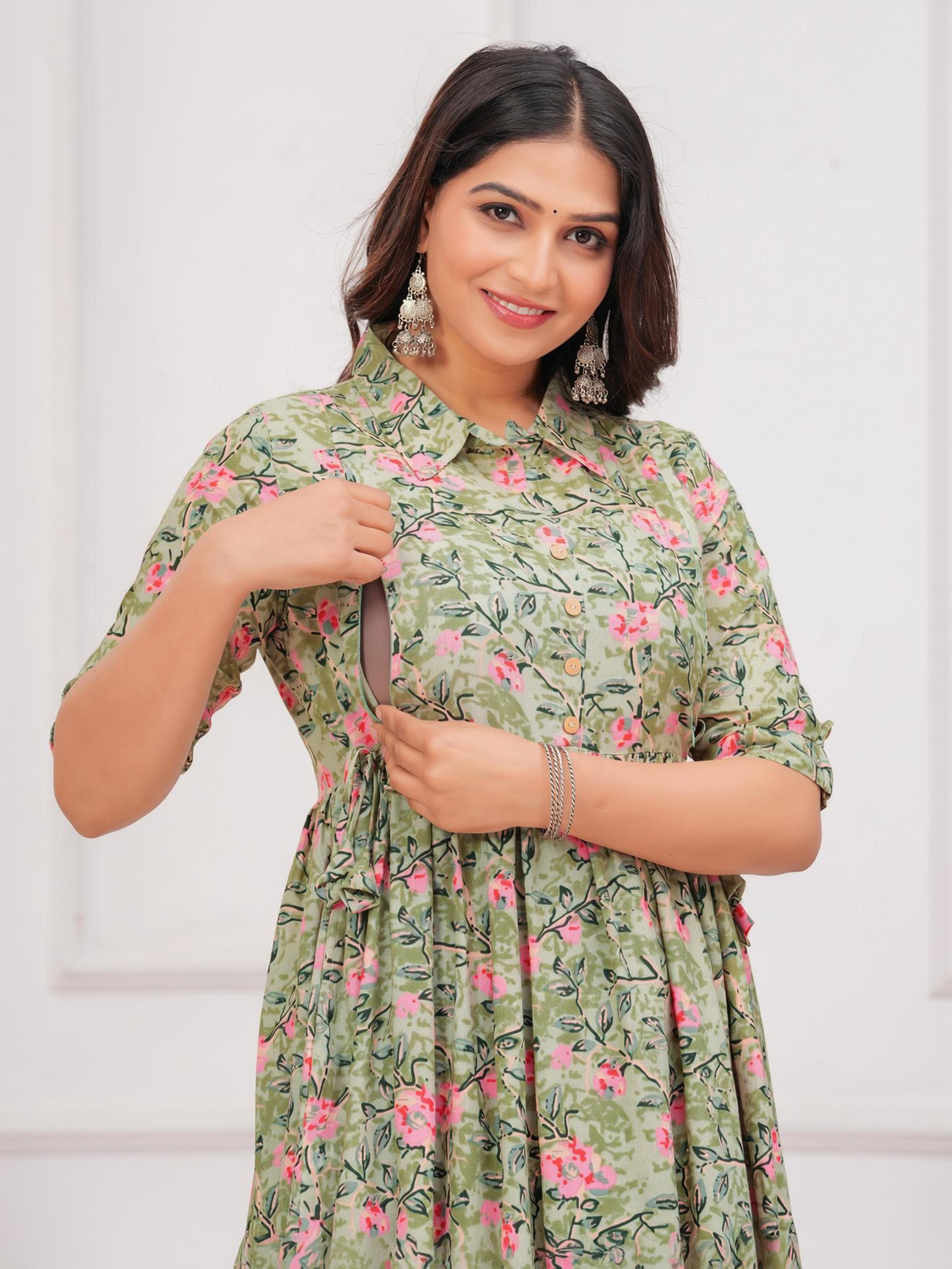 Image of sky fab Printed Viscose Rayon Flared Kurta for Women With Attached Dupatta (Light Green)