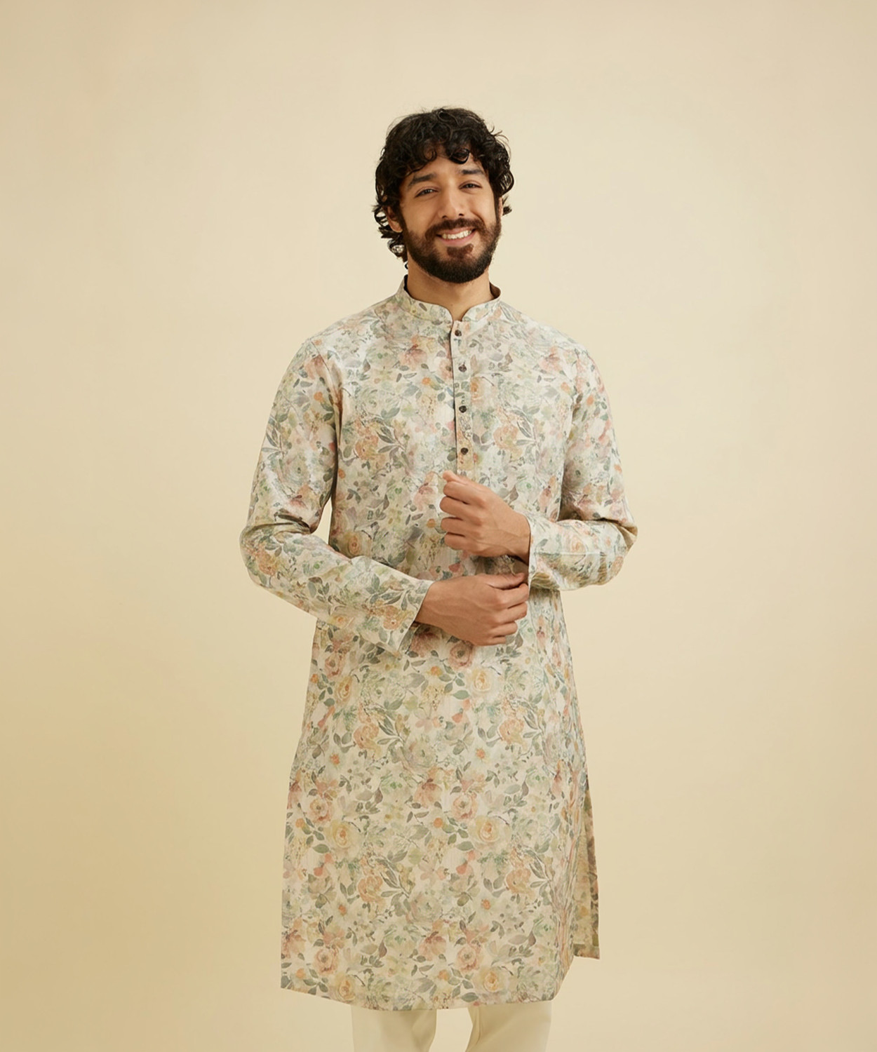 Image of MANYAVAR Printed Cotton Blend Straight Kurta for Men (Beige)