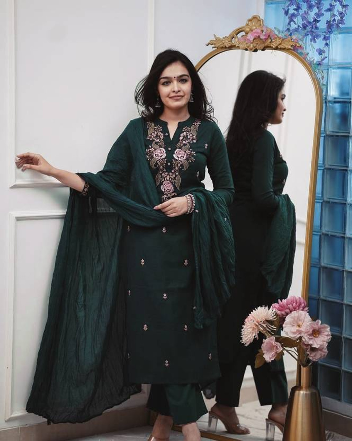 Image of CHECHI Embroidered Kurta, Palazzo & Dupatta Set