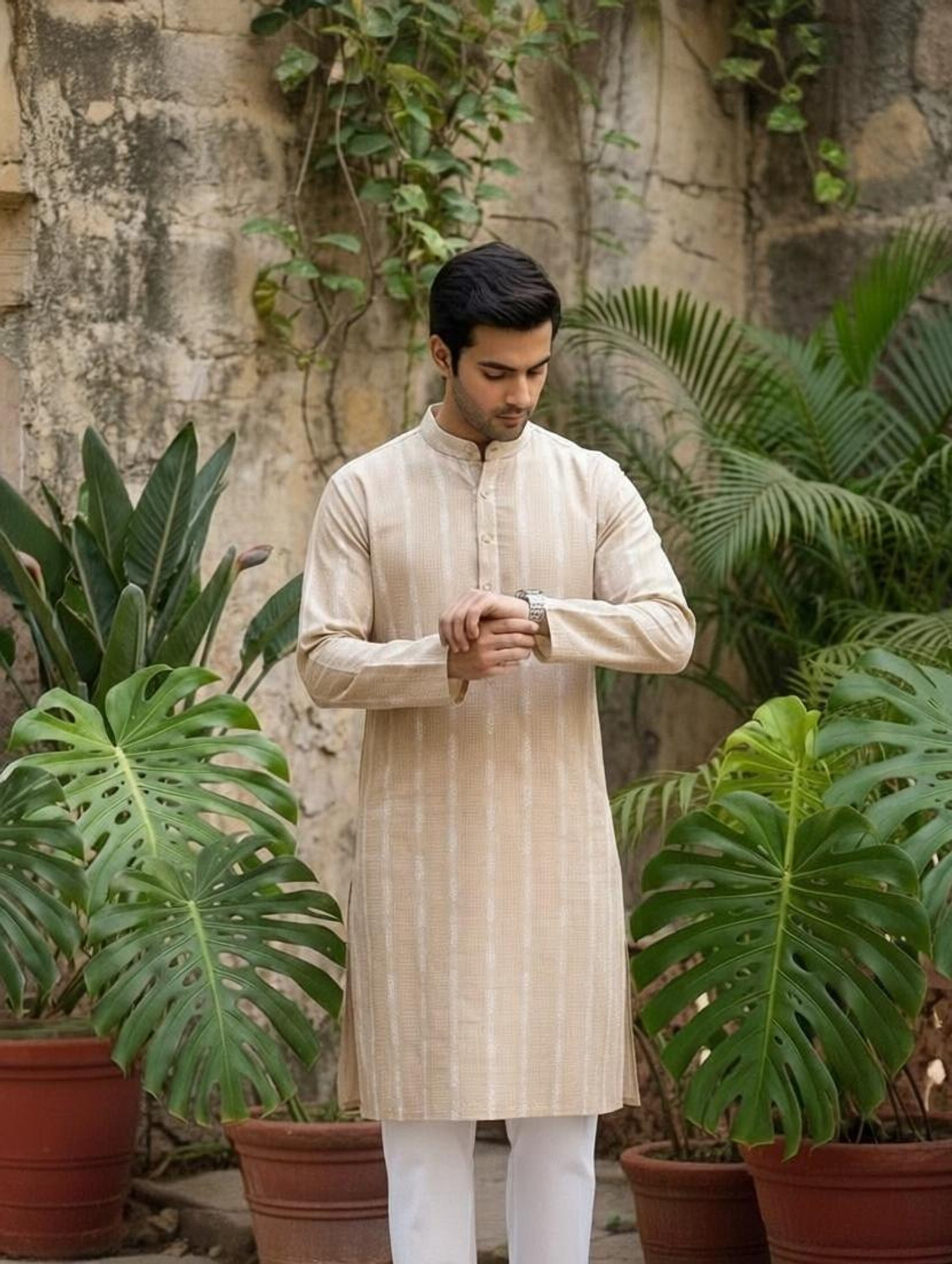 Image of click n buy Embroidered Cotton Blend A-line Kurta for Men (Multicolor)