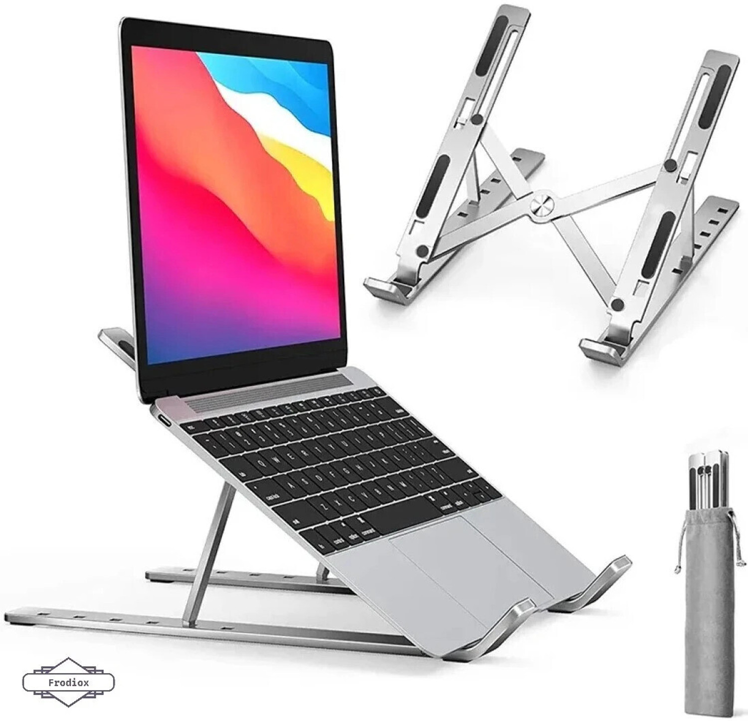 Image of FULKIZA Laptop Stand, 7 Adjustable Height Angles, Plastic , Ergonomic & Sturdy Design Laptop Stand, 6 Levels Adjustable Laptop Riser, Ventilated Aluminum Aluminium Floor and Desk Stand Laptop Stand with Adjustable Height Compatible with 26 - 35 cm Laptops (Silver)