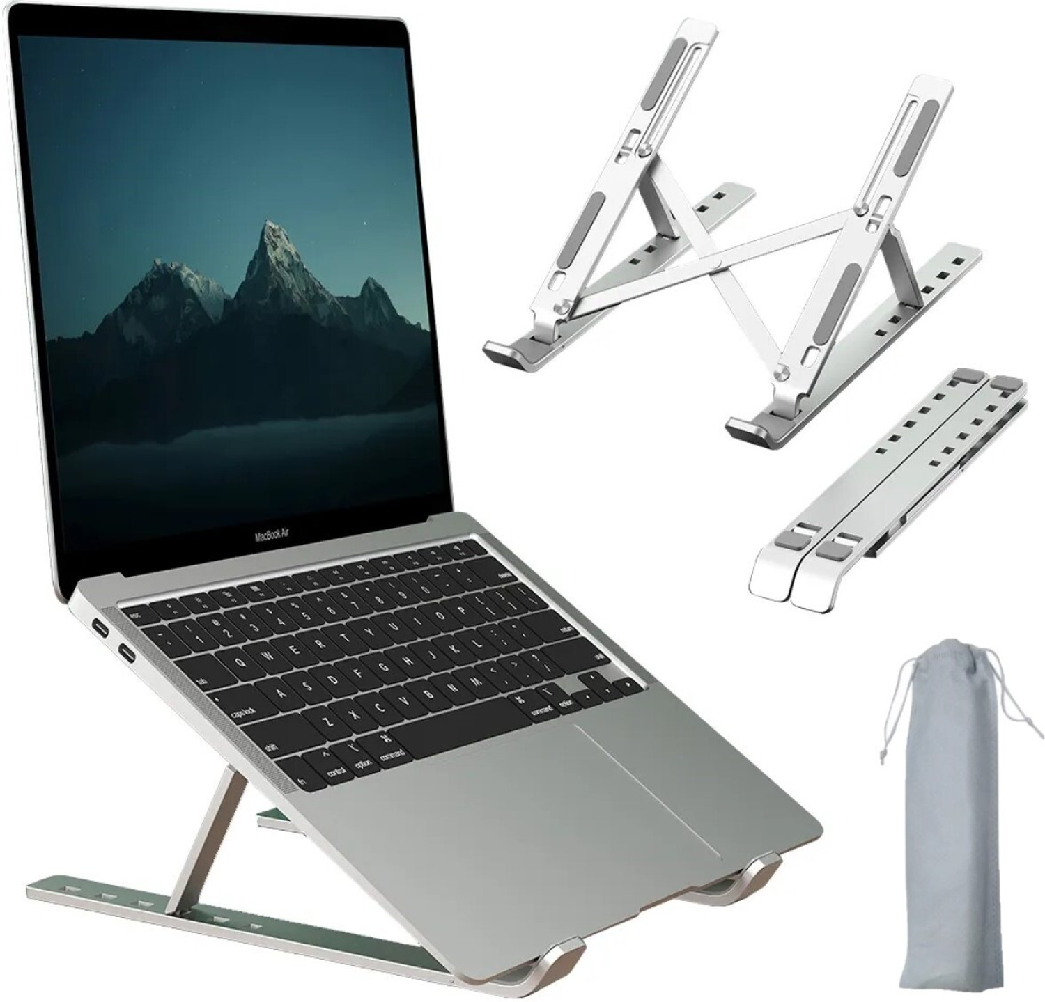 Image of FULKIZA Laptop Stand, 7 Adjustable Height Angles, Plastic , Ergonomic & Sturdy Design Laptop Stand, 6 Levels Adjustable Laptop Riser, Ventilated Aluminum Aluminium Floor and Desk Stand Laptop Stand with Adjustable Height Compatible with 26 - 35 cm Laptops (Silver)