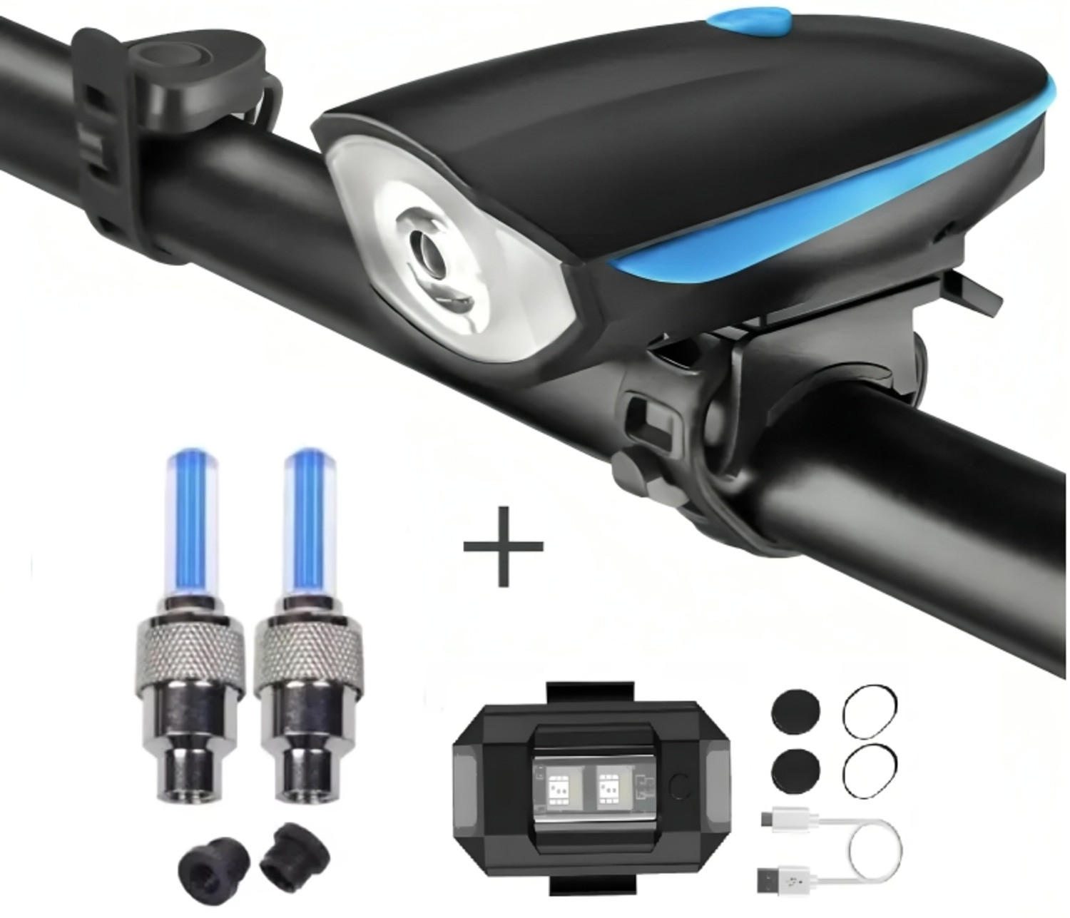 HAPPYRIDER Bicycle Combo Of Front Cycle Light Back Tail/Helmet Light And Tyre Valve Light Bell