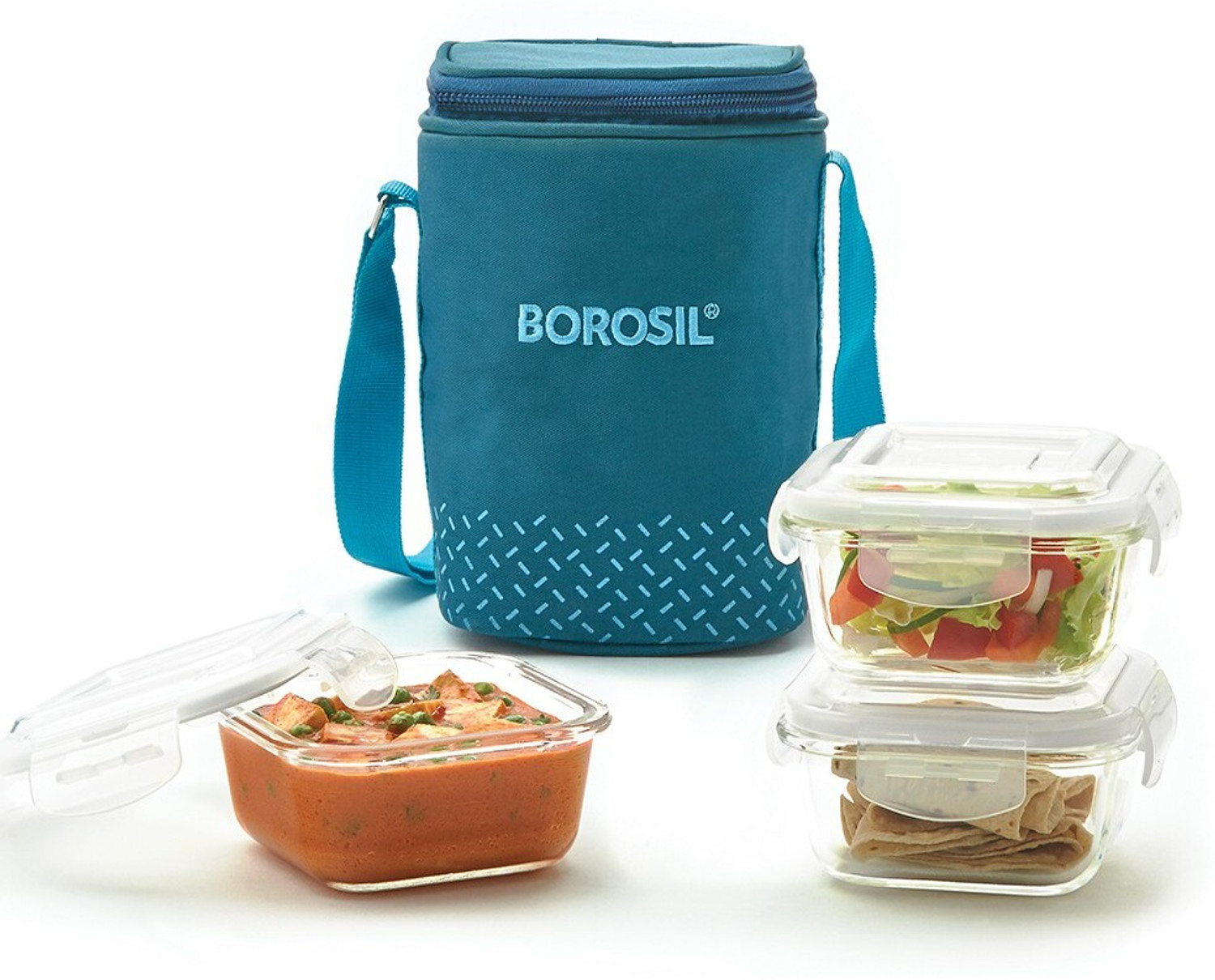 Borosil 3‑Piece Glass Lunch Box Set – 320 ml Square Containers