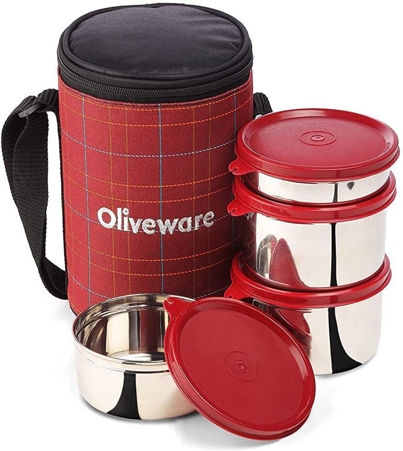 Oliveware Mega Lunch Box | Stainless Steel | Insulated Fabric Bag | Leak Proof 4 Containers Lunch Box