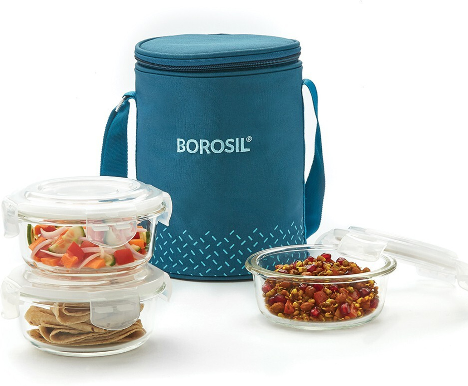 BOROSIL Glass Lunch Box, set of 3, 400 ml round- Sky 3 Containers Lunc