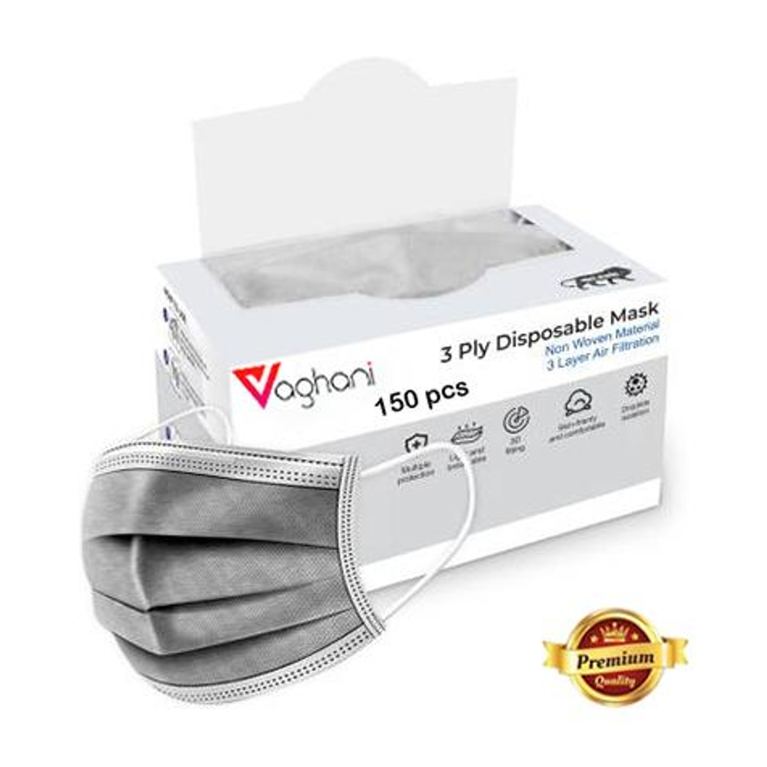 Image of Vaghani 3 Ply Surgical Mask (200 Piece) ( Grey ) Surgical Mask With Melt Blown Fabric Layer (Grey, Free Size, Pack of 200, 3 Ply)