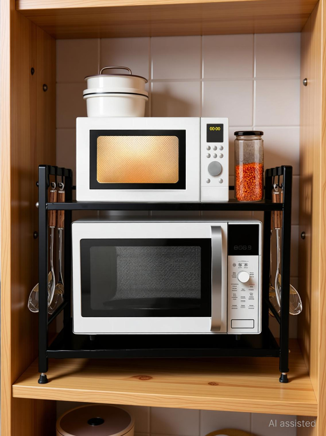 Image of Heaven Shield Containers Kitchen Rack Multipurpose Rack | Microwave Oven Stand & OTG Rack Iron, Wood