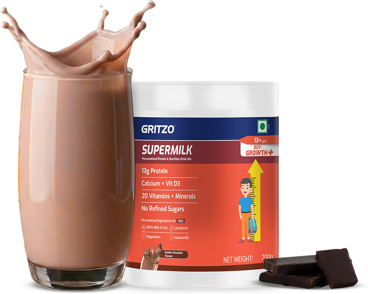 Gritzo SuperMilk Height+ (13+y Boys), 13g Protein, Double Chocolate