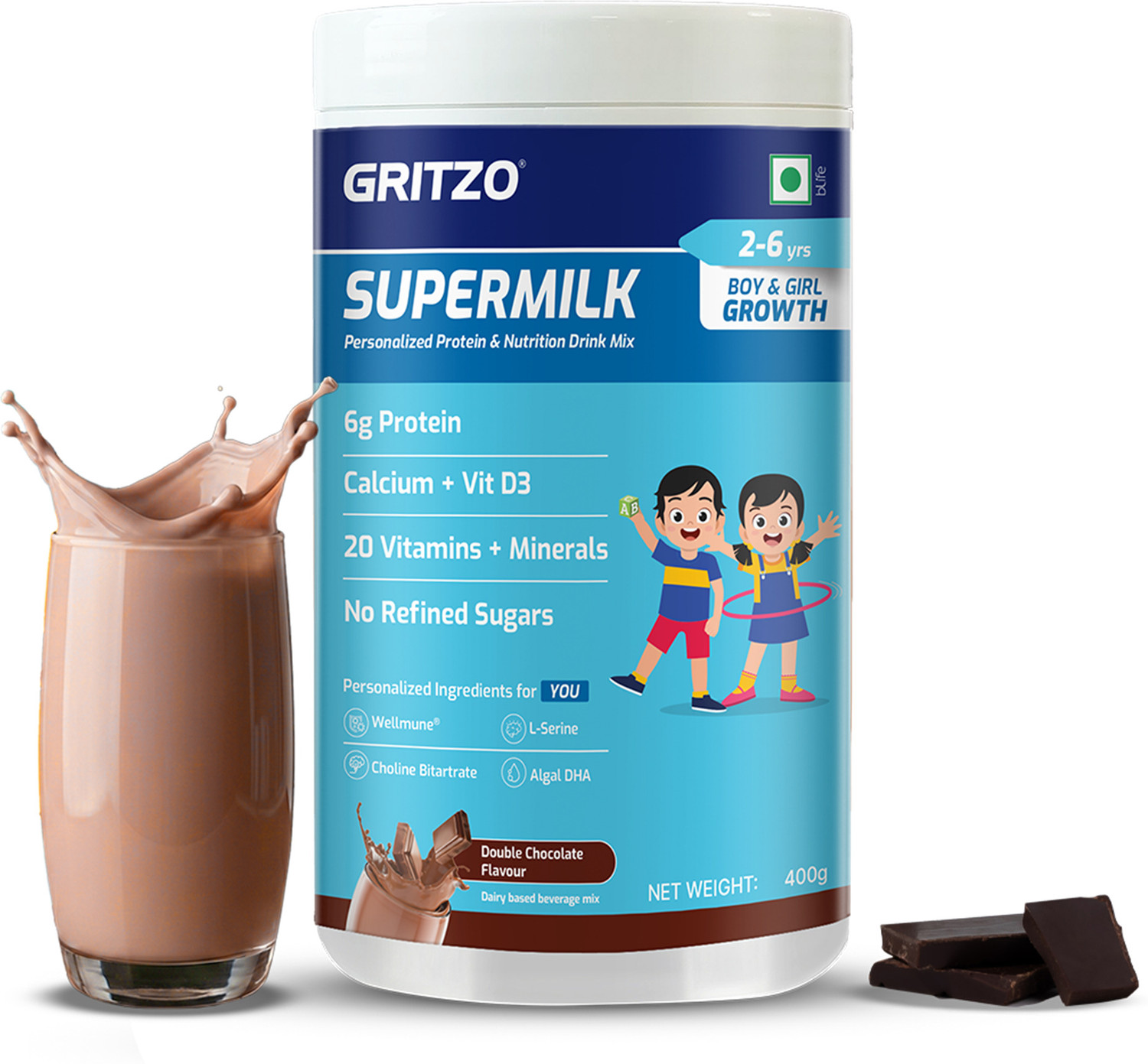 Gritzo SuperMilk, Kids Protein &amp; Nutrition Drink 4-7y. Natural Cho