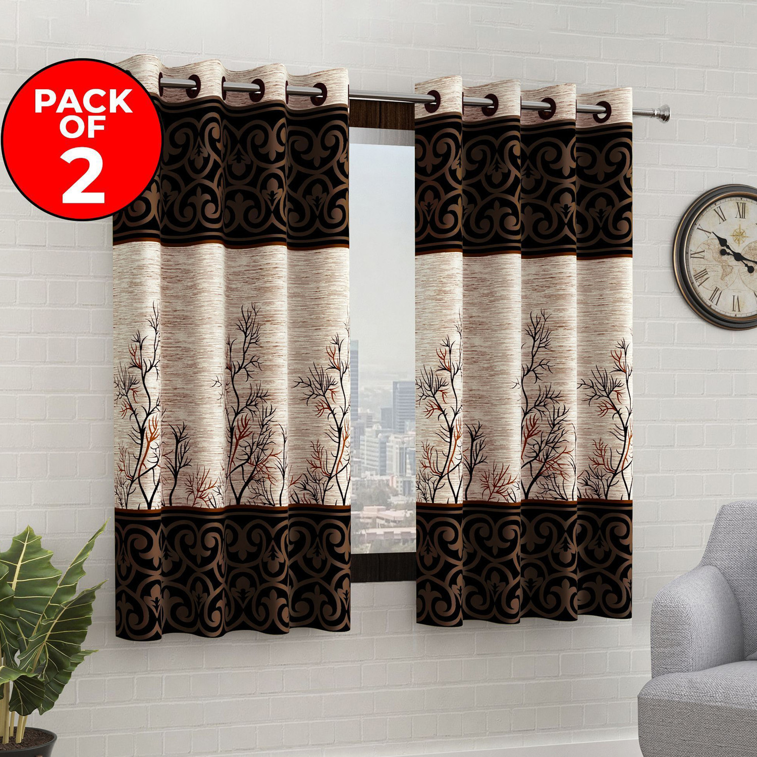 Image of Cortina 270 cm (9 ft) Long Door Polyester Semi Transparent Curtain Single Curtain (Brown, Printed)