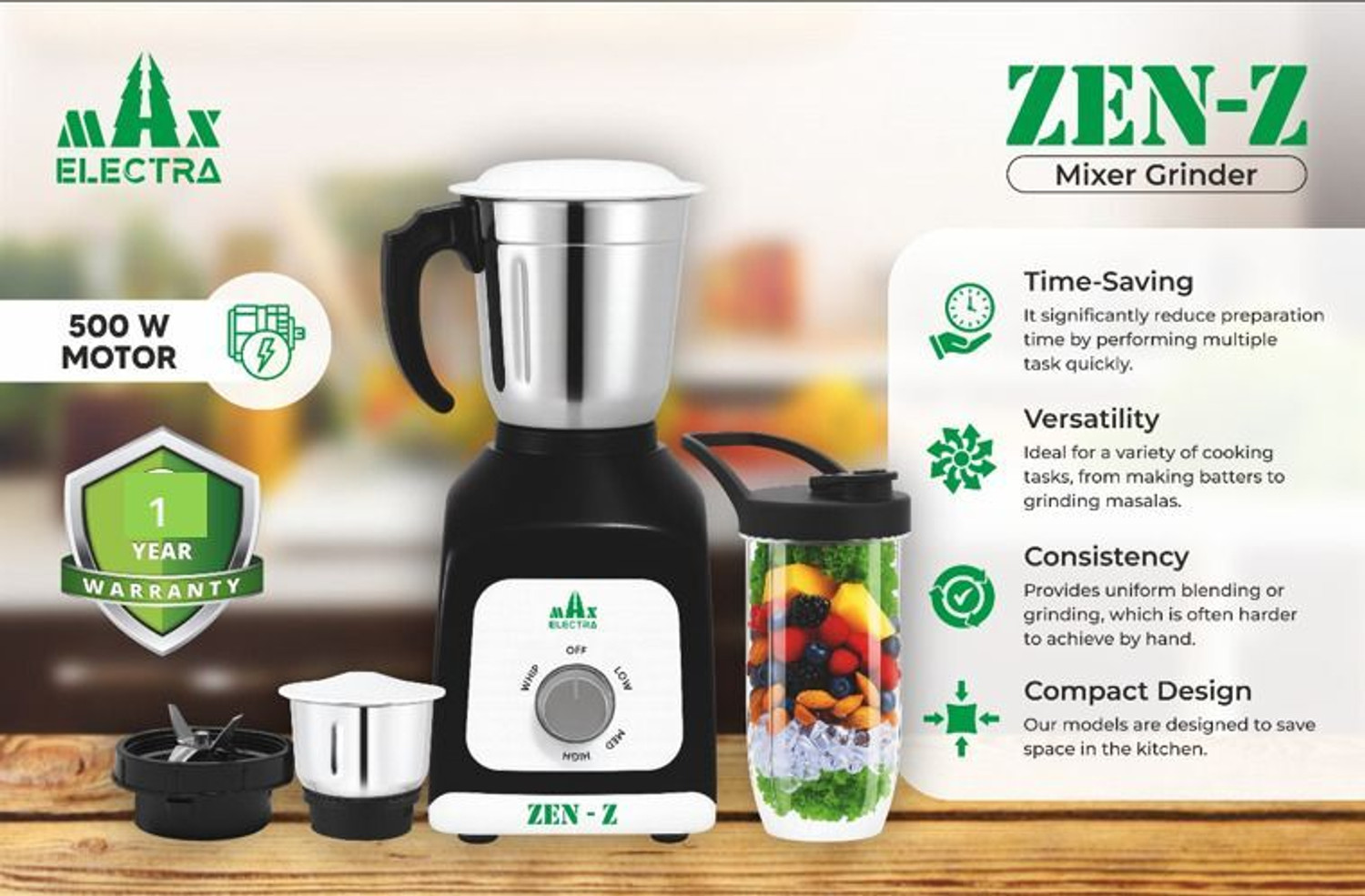 Image of MAX ELECTRA ZEN-Z17 500 W Juicer Mixer Grinder (ZEN-Z-75017 | 3 Jars | Black)