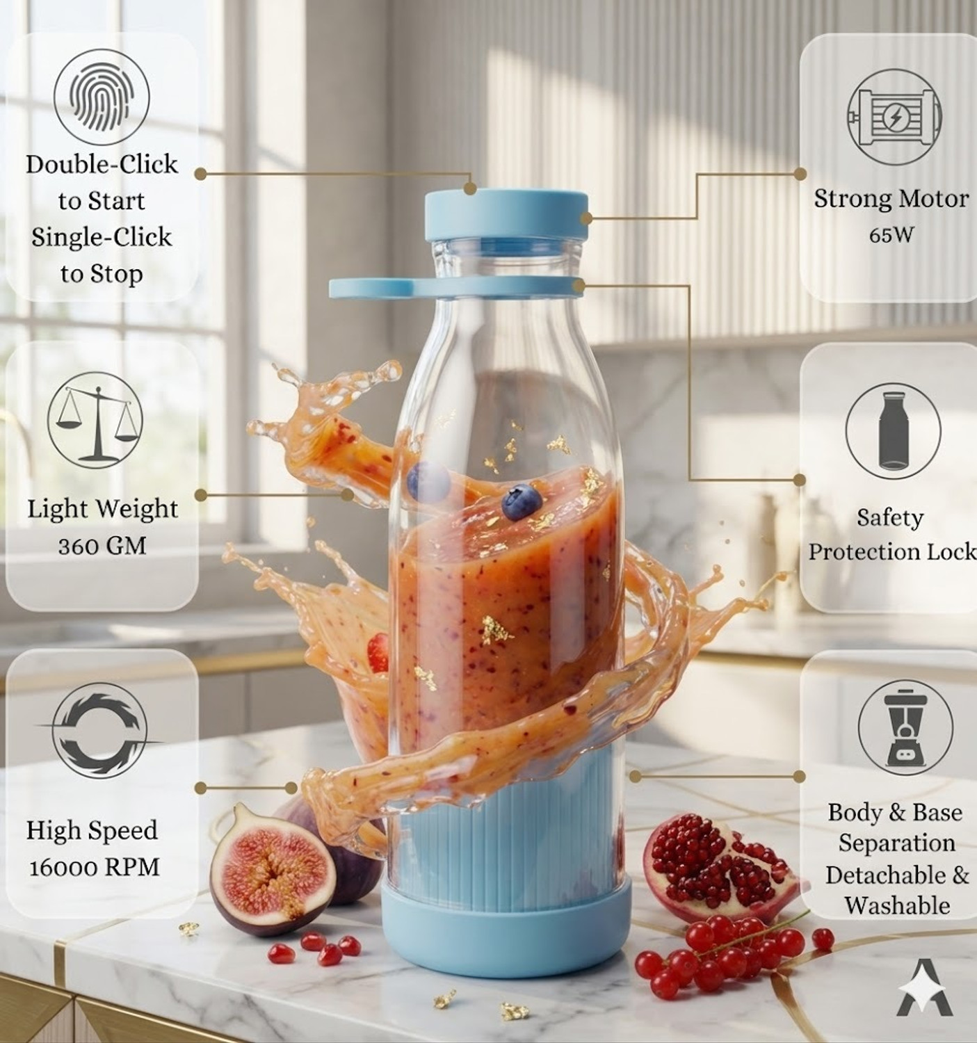 Image of ons Electric juice mixer,Personal Smoothie Maker,Mini Fruit Mixer for Shakes 25 W Juicer Mixer Grinder (Portable Electric Juicer - USB Rechargeable with 6 Blades, 3 Speed Setting@2 | 1 Jar | Multicolor)