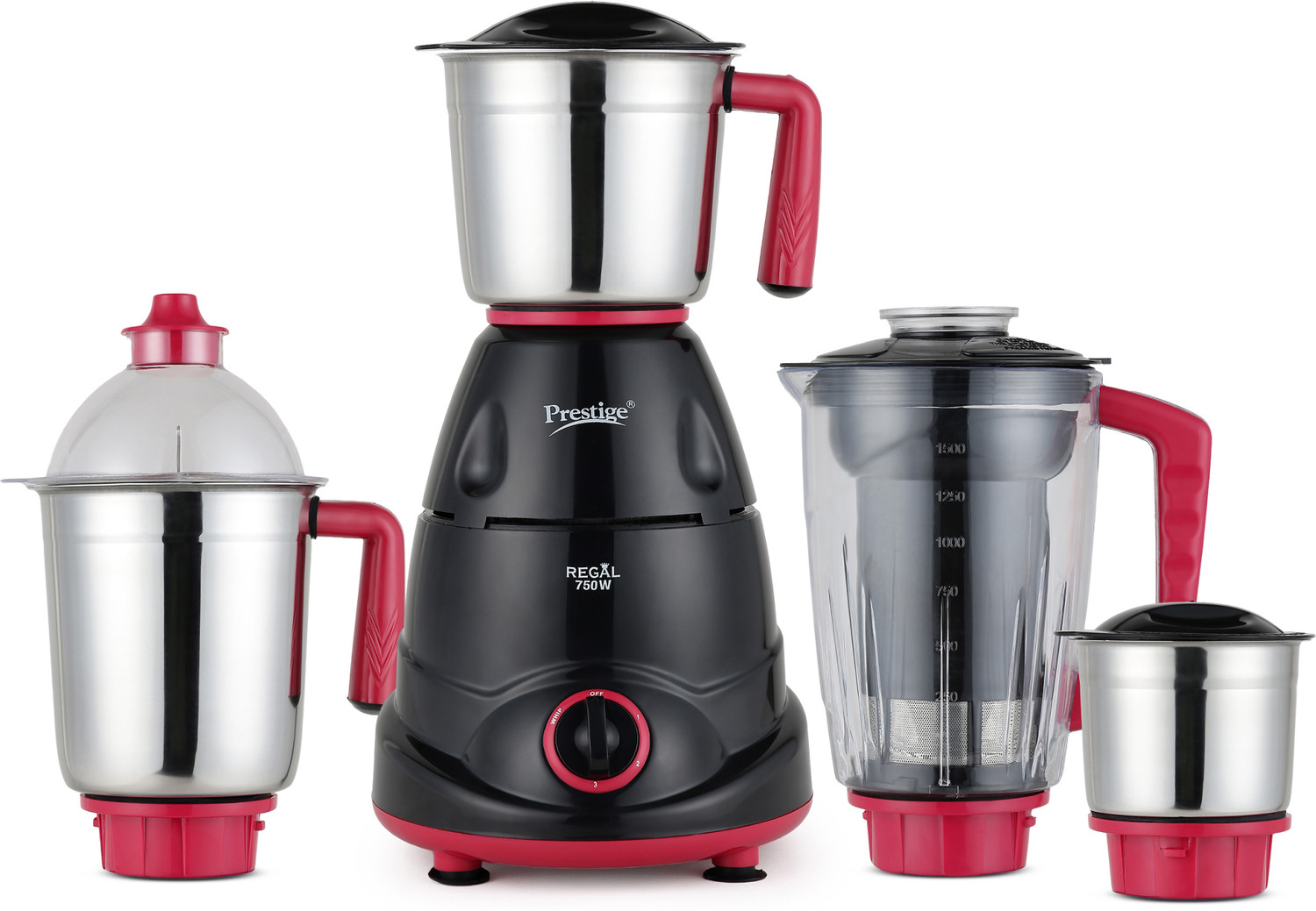 Prestige 41384 Regal 750 Juicer Mixer Grinder (4 Jars, Red and Black)
