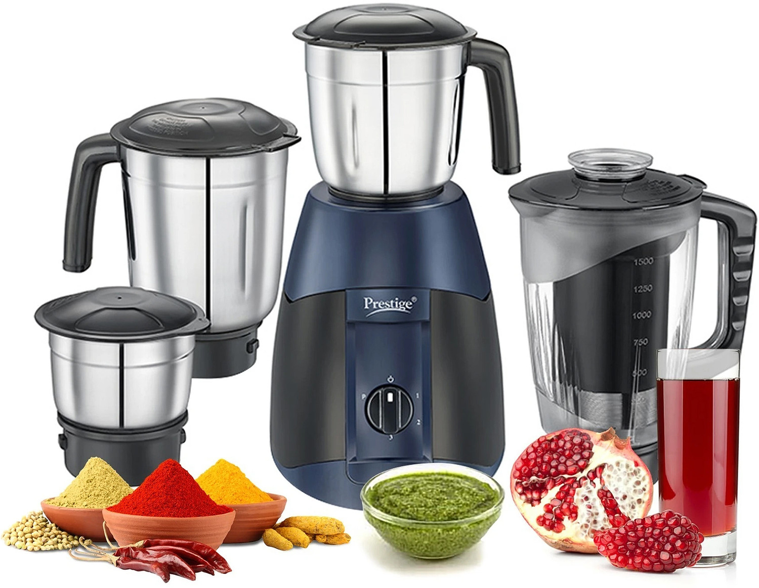 Prestige ATLAS Supreme 750 Juicer Mixer Grinder (4 Jars, Black, Blue)