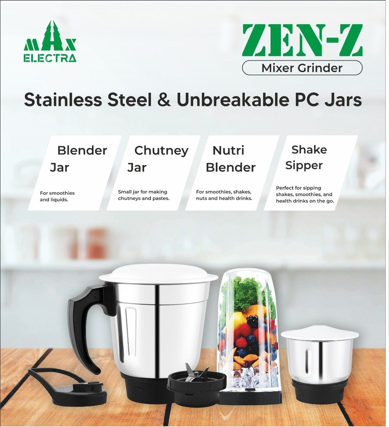 Image of MAX ELECTRA ZEN-Z17 500 W Juicer Mixer Grinder (ZEN-Z-75017 | 3 Jars | Black)